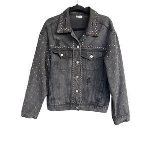 POL Womens Black Distressed Studded Denim Jacket  Jean Coat Medium